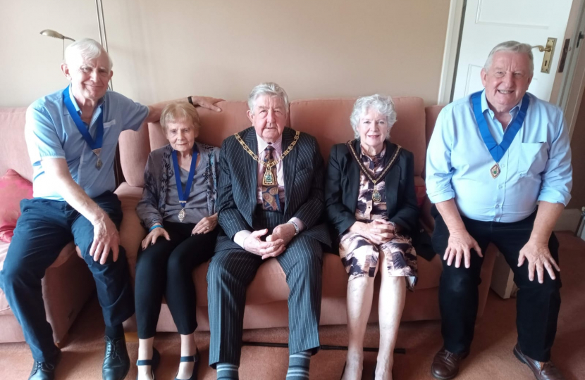 Former Councillor Carole Hubbard in July 2021 with husband Malcolm, the Mayor of Bromley Cllr Russell Mellor, the Mayoress Mrs Geraldine Mellor and Cllr Nicholas Bennett JP 
